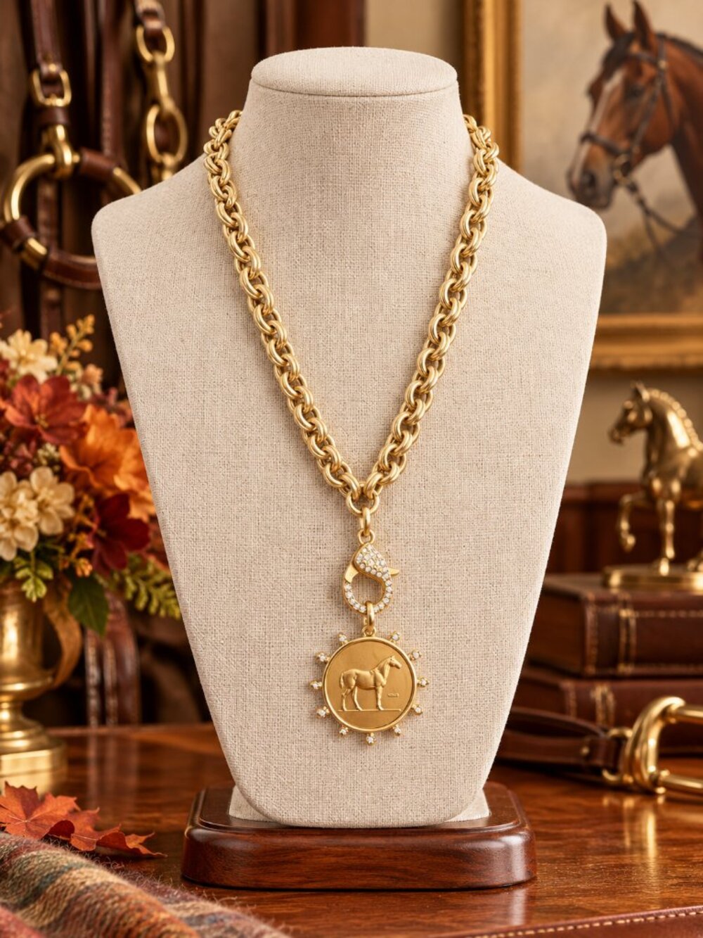Gold Horse Medallion Necklace, Equestrian Statement Necklace, Horse Coin Pendant